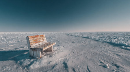 Tiny lone wooden bench in a sea of untouched snow across Hokkaido, expansive horizon under a bright blue winter sky, minimalist landscape, medium format camera clarity, cool desaturated tones, overwhelming silence and calm isolationの素材