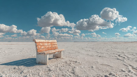 Tiny lone wooden bench in a sea of untouched snow across Hokkaido, expansive horizon under a bright blue winter sky, minimalist landscape, medium format camera clarity, cool desaturated tones, overwhelming silence and calm isolationの素材