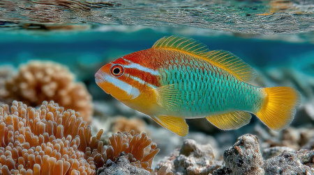 A radiant clown fish dances through glowing anemones, with soft sunlight rippling across the seabed and calm currents shaping a peaceful underwater worldの素材