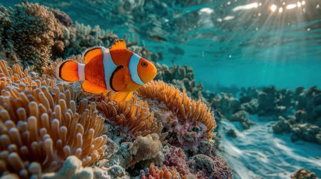Beneath glowing sun rays, a bright clown fish explores a lush anemone garden, framed by calm blue waters and gentle underwater motionの素材
