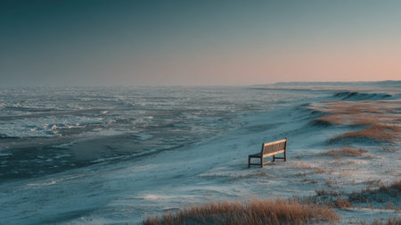 A solitary small wooden bench rests quietly in vast snowfields of Hokkaido, untouched snow glowing under a clear winter sky, minimalistic framing, medium format camera, muted cool color palette, deep sense of isolation and peaceの素材
