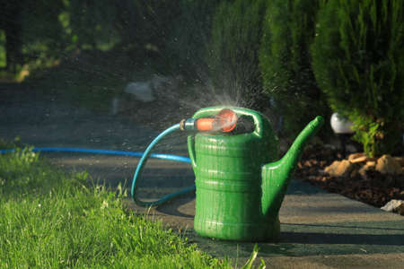 A green watering can watering the lawn during a droughの写真素材