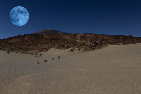 Big moon over the Teide volcano in Spain Tenerife full moonの写真素材
