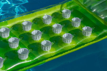 Green inflatable mattress in the poolの写真素材
