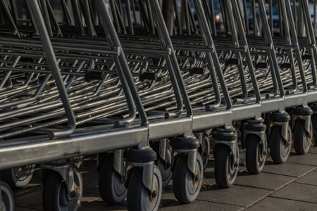 Preparing for shopping, shopping cart, packing purchases into a metal shopping cartの写真素材