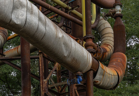Old rusty pipeline, heating installation, water flow through old pipes