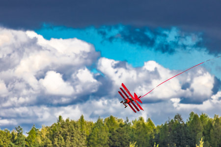 Models of light biplanes from World War I and World War II, simulation of air combat of flying modelsの写真素材