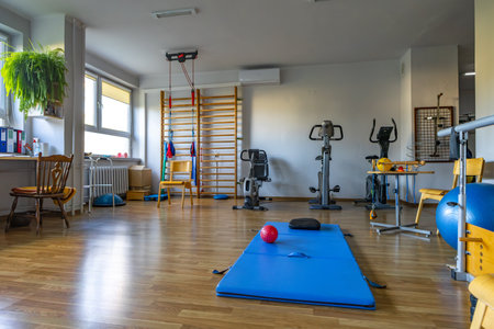 A room with medical equipment for rehabilitation exercises, a treadmill, rehabilitation balls, a gym, and climbing framesの写真素材