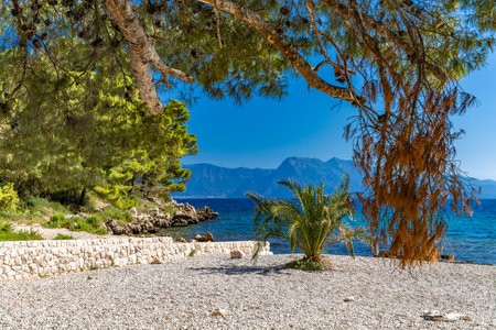 Peljesac peninsula, quiet and peaceful beaches, empty, no tourists, rest outside the season, small town of Trpanjの写真素材
