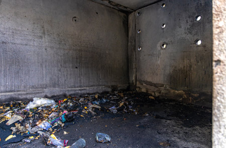 The arsonist set fire to garbage containers, burned garbage, action of the fire brigadeの写真素材