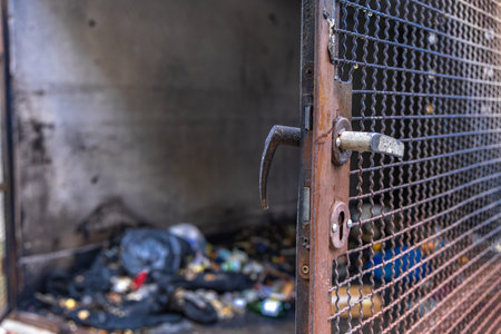The arsonist set fire to garbage containers, burned garbage, action of the fire brigadeの写真素材