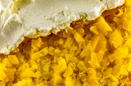 Homemade pastries, colorful cake, raspberries, peaches, whipped cream, multi-layer cake with whipped cream and fruitの写真素材