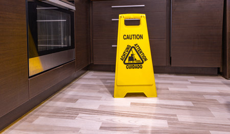 Warning for customers, slippery floor, yellow information board, attention: slippery floorの写真素材