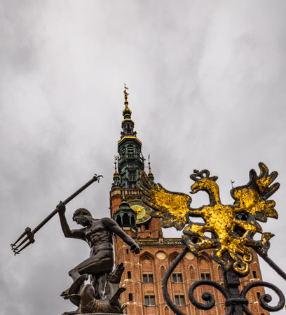 Gdansk, Poland, old town, statue of Neptune fountain, symbol of city Gdansk in winter