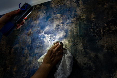 Smoothing out wallpaper irregularities with the light of a flashlight, removing gaps between wallpaper layersの写真素材