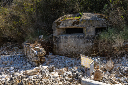 Gunnery position, concrete defensive structure for soldiers on the beach in Istria Peninsula Rovinjの写真素材