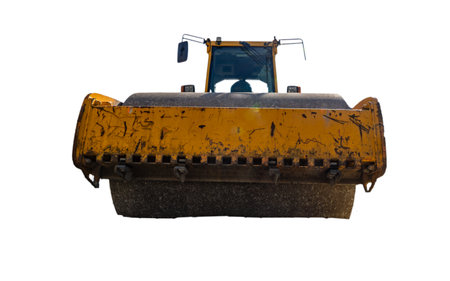 Heavy construction equipment, road roller on white background
