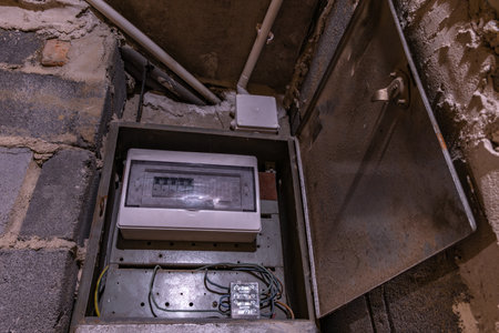 Old electrical fuse box on the wall in the basement, removing power failure in an old tenement houseの写真素材