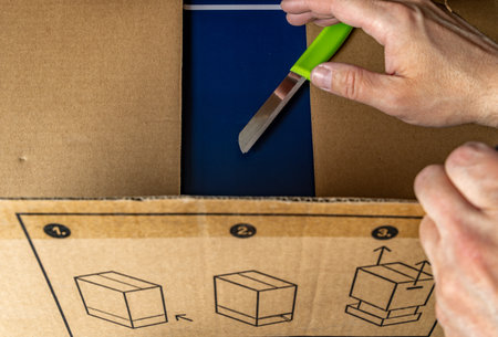 Unpacking a large gray cardboard box, knife on a cardboard box, opening a postal packageの写真素材