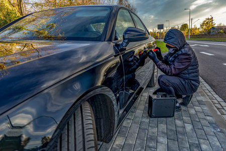 A thief dressed in black with a mask covering his face tries to steal a black car parked on the road, car theft on the streetの写真素材