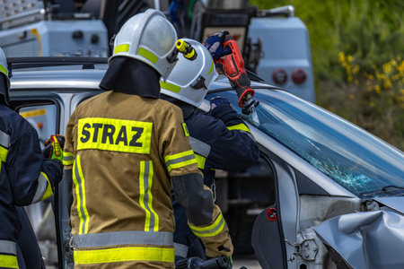 Firefighters use scissors to cut out the windshield of a passenger car that was involved in an accident.の写真素材