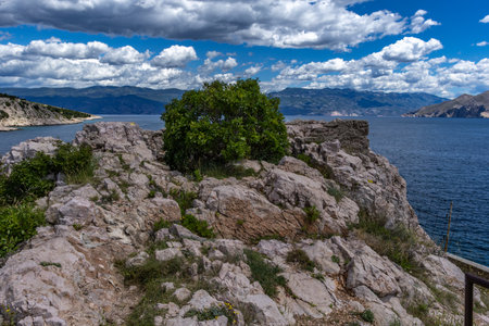 Empty Jablanova beach before the season, green wild Mediterranean vegetation, azure water in the Adriatic Sea on the island of KRK in Croatiaの写真素材
