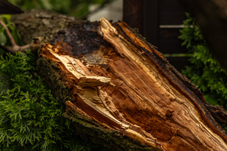 A tree broken by a strong wind, a burned spot on the tree where lightning struck during a storm, a...