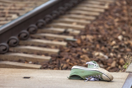 Green sports shoes by the tracks, a person hit by the tracks at a pedestrian crossing, an unguarded...