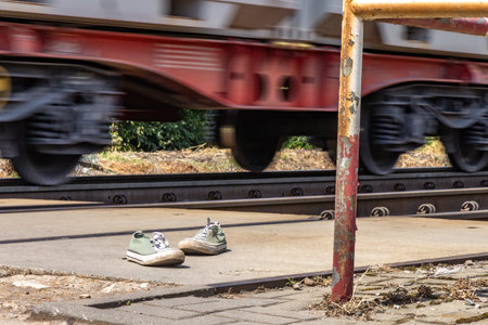 Train passing through an unguarded railway crossing, shoes by the tracksの写真素材