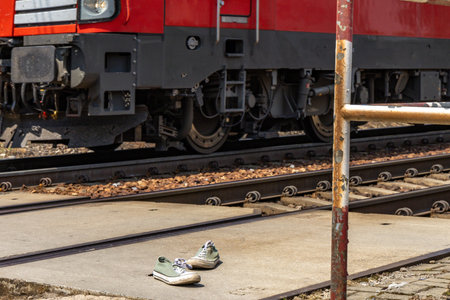 Scene on the tracks, train passing through an unguarded railway crossing, shoes by the tracksの写真素材