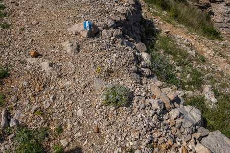 Panorama of the bay with the Vela Luka beach below, view of the beach from the top of the mountain, rocky trail leading to the picturesque beachの写真素材