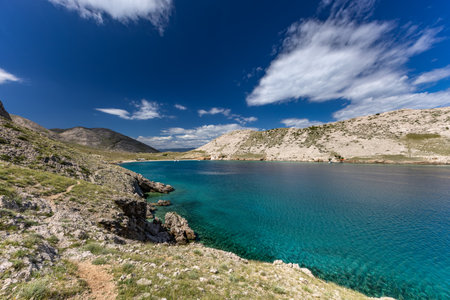 Panorama of the bay with the Vela Luka beach below, view of the beach from the top of the mountain,の写真素材