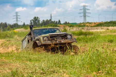 Off-road vehicle in difficult terrain, off-road car rally, off-road car racesの写真素材