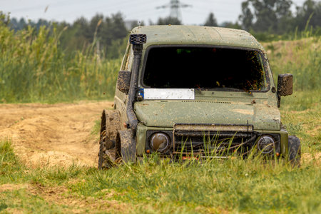 Off-road vehicle in difficult terrain, off-road car rally, off-road car racesの写真素材