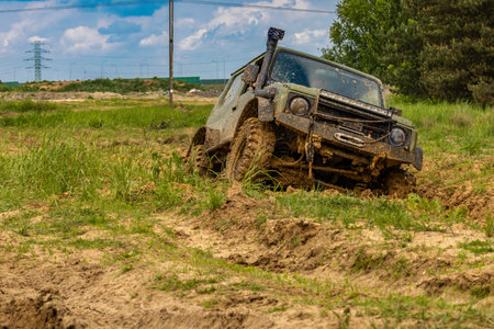 Off-road vehicle in difficult terrain, off-road car rally, off-road car racesの写真素材