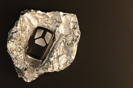A man wraps his car keys in silver foil, trying to protect his car from theft by a thief, blocking the signal from the car alarm key.の写真素材