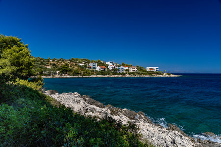 The most beautiful beaches on Ciovo, relaxation and diving on Tatinje beach in Croatia,の写真素材