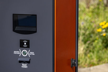 Ticket machine for collecting fees and issuing entry tickets to the underground guarded car parkの写真素材