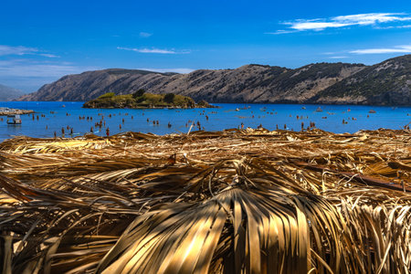 Paradise Beach on the island of Rab in Croatia in Lopar, straw umbrella, in summerの写真素材