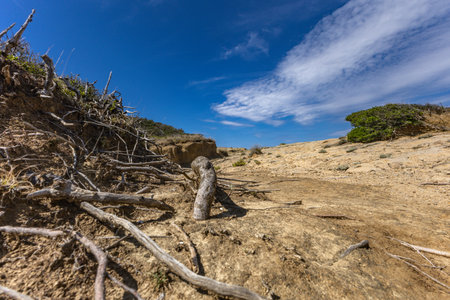 Azure water in the Adriatic Sea, rocky coast of the island of Rab, cloudy, threatening sky, panorama of the island, Strucic beachの写真素材