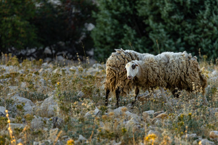 Wild sheep and rams running over rocks, a herd of animals on a rocky mountain pasture in Croatia
