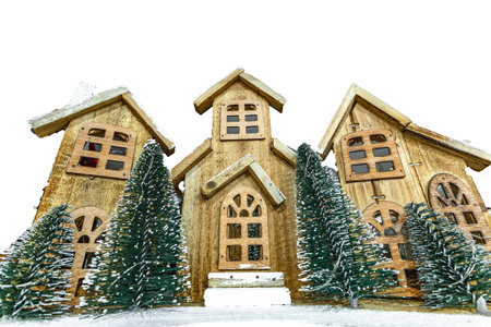 Wooden dollhouse with Christmas trees, Christmas decoration, wooden house for Christmas tree