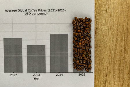 Top view of roasted coffee beans and printed chart showing rising global coffee prices on wooden table. Symbol of inflation, economy, and coffee market growth.の写真素材