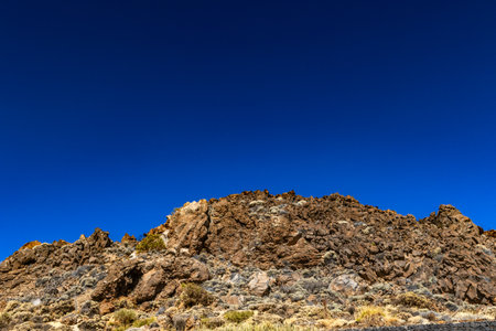 Beautiful view of Mount Teide volcano on Tenerife, Canary Islands, Spain. Majestic volcanic peak rising above green forests under a clear blue sky. Nature, travel, and adventure landscape concept.の写真素材