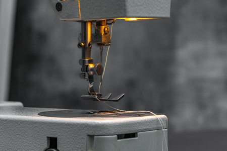Close-up of hands sewing lightweight fabric on a sewing machine at home.