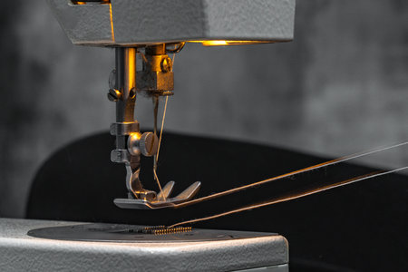 Close-up of hands sewing lightweight fabric on a sewing machine at home. Concept of handicraft,...