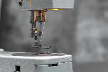 Close-up of hands sewing lightweight fabric on a sewing machine at home. Concept of handicraft, crafts, and small-scale textile production.の写真素材