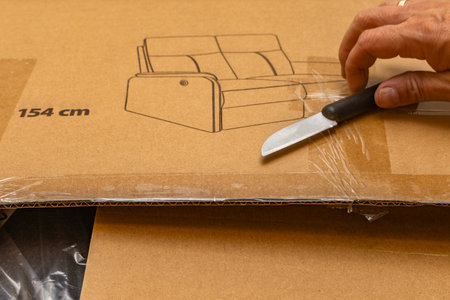 Closeup of a mans hand using a knife to open a cardboard box sealed with clear tape. The package features a printed illustration of a sofa, suggesting new furniture unpacking or home delivery. Concept of unboxing, shipping, delivery service, and interior furnishingの写真素材