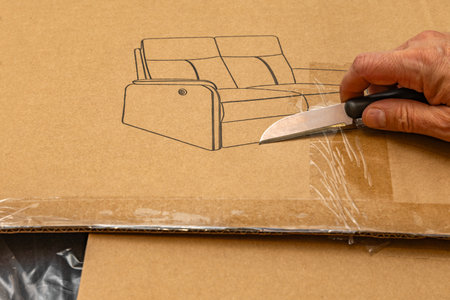 Closeup of a mans hand using a knife to open a cardboard box sealed with clear tape. The package features a printed illustration of a sofa, suggesting new furniture unpacking or home delivery. Concept of unboxing, shipping, delivery service, and interior furnishingの写真素材