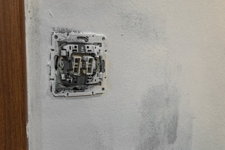 Close up of dismantled electrical light switch wiring without cover plate on wall during home renovation. Concept of electricity repair, maintenance, power installation and DIY work.の写真素材